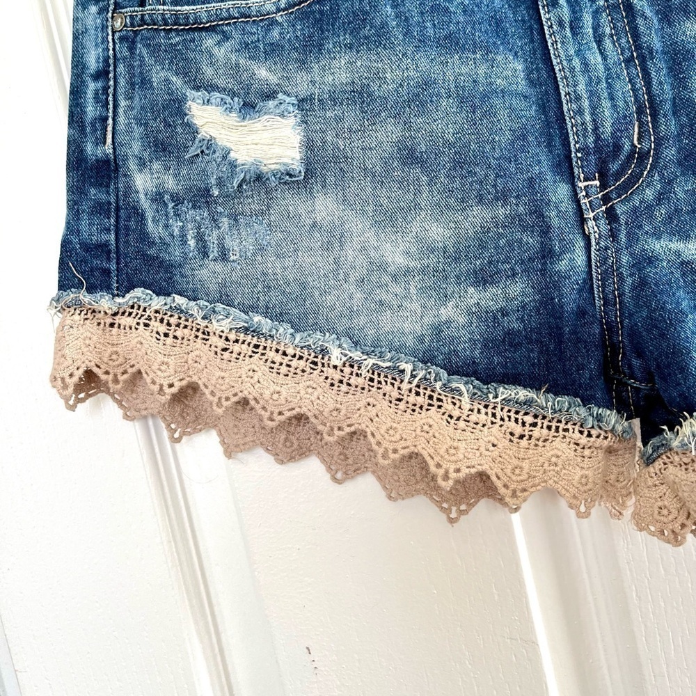 Free People distressed denim shorts Jean cheeky short daisy dukes lace trim boho - Picture 4 of 7